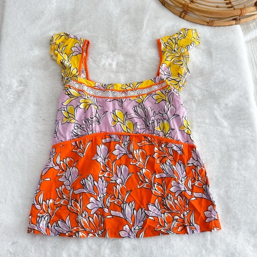 Farm Rio Tia Flutter Sleeved Blouse Floral Yellow Pink - Picture 5 of 8